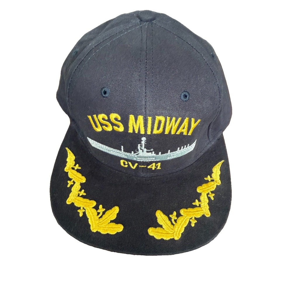 USA Made USS Midway CV-41 Dark Navy Blue/Black Hat Cap Snapback Military Ship